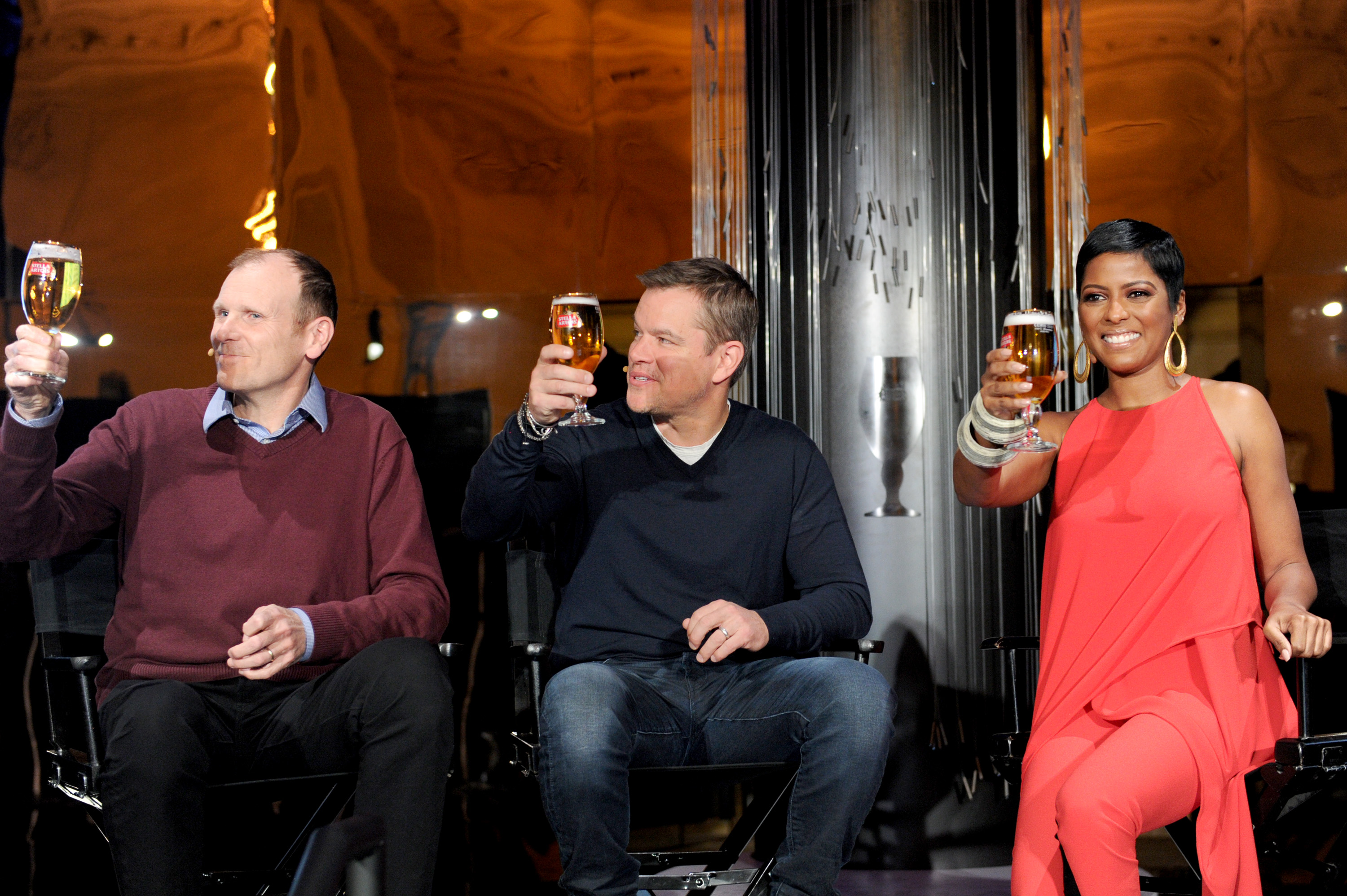 NEW YORK, NY - MARCH 22:  Water.org co-founders Matt Damon and Gary White joined StellaArtois and journalist Tamron Hall to discuss the impact of the brands partnership with Water.org to help end the global water crisis at the unveiling of Water Ripples by Stella Artois at Grand Central Terminal in New York City on March 22, 2018.  (Photo by Craig Barritt/Getty Images for Stella Artois)